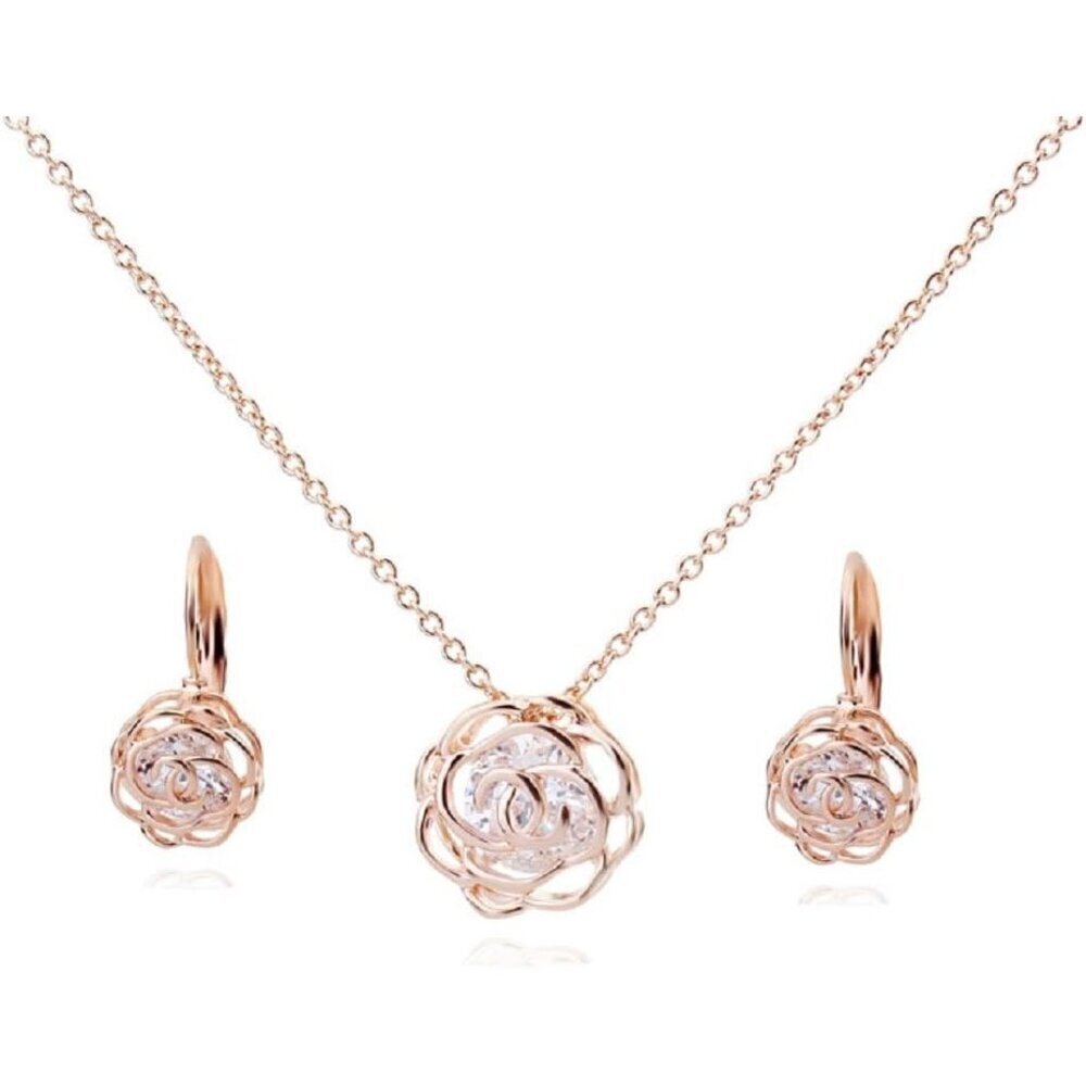 ❤️Women Gold White Crystal Roses Flowers Necklace and Earrings Set for  Women